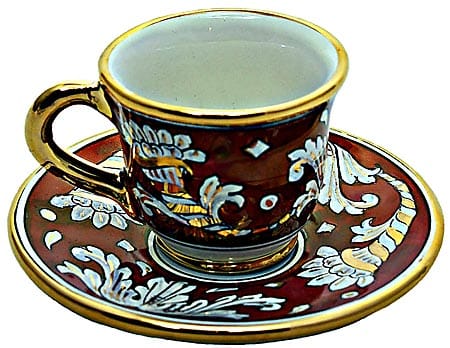 Ceramic Majolica Coffee Tea Cup saucer Red Gold Leaf