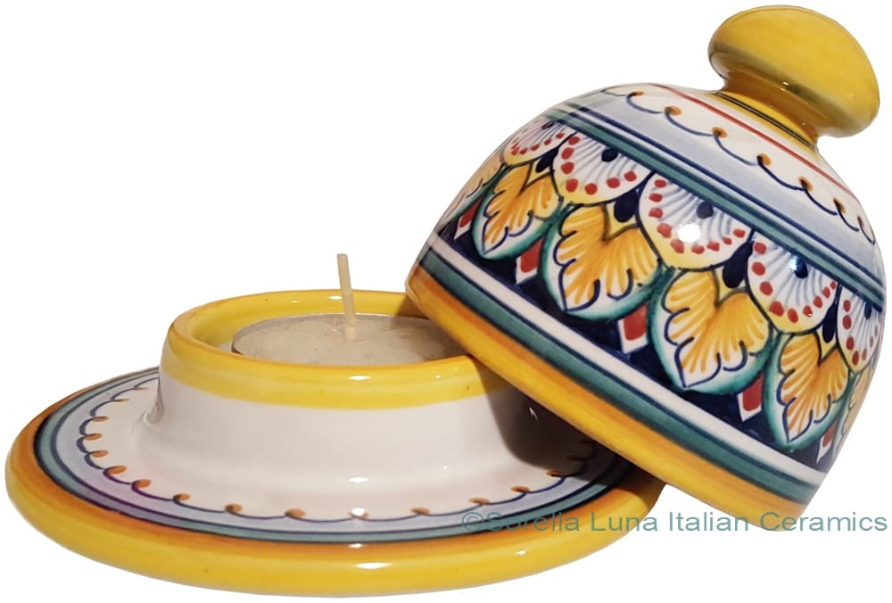 Ceramic Majolica Covered Candle Yellow White Vario 10cm