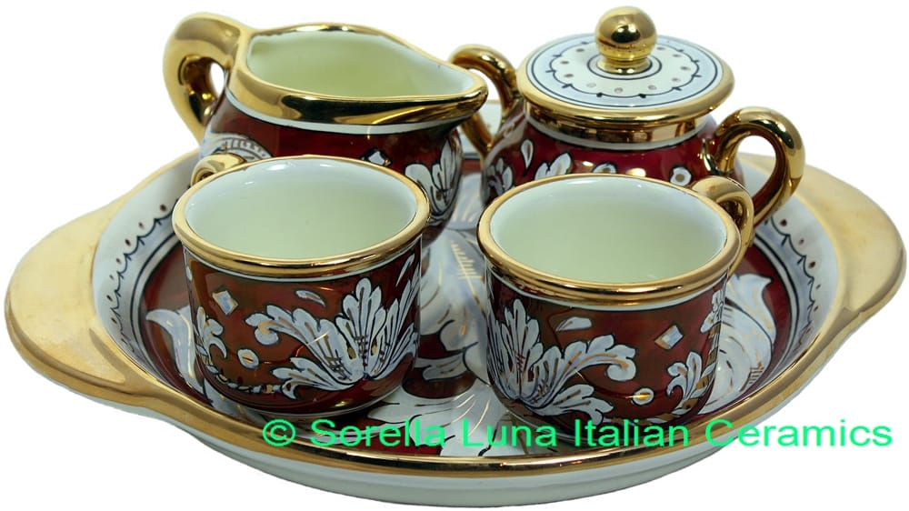Ceramic Majolica 5 Piece Coffee Service Gold Leaf Red