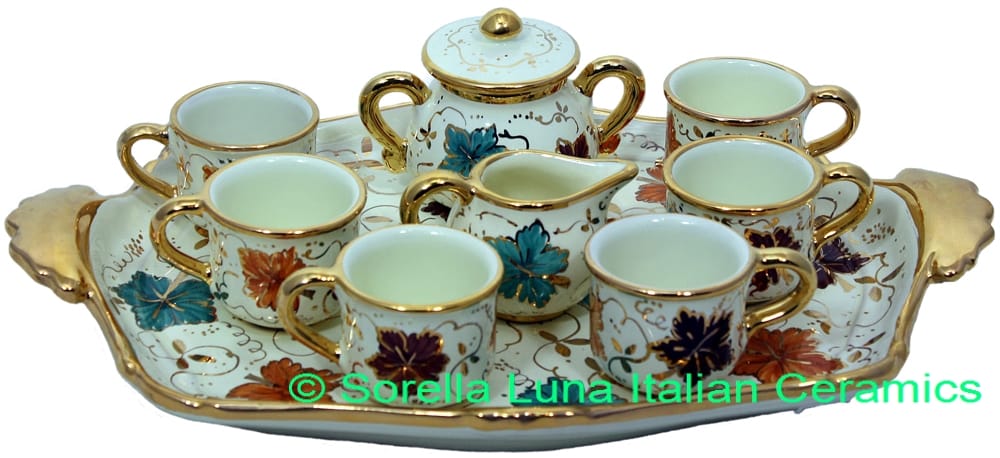 Ceramic Majolica 9 Piece Coffee Service Gold Leaf Autumn