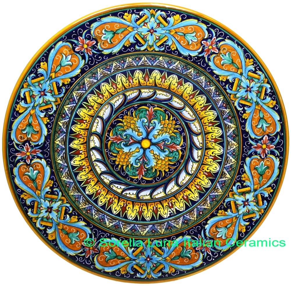 Ceramic Majolica Plate Acanthus Light Blue Orange 47cm