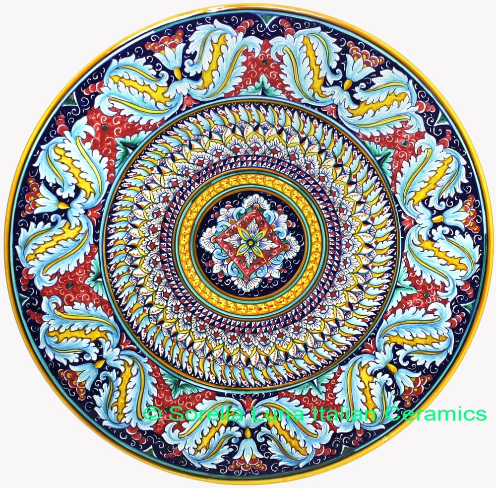 Ceramic Majolica Plate Deruta Ricco Scrolls Red Blue 47cm