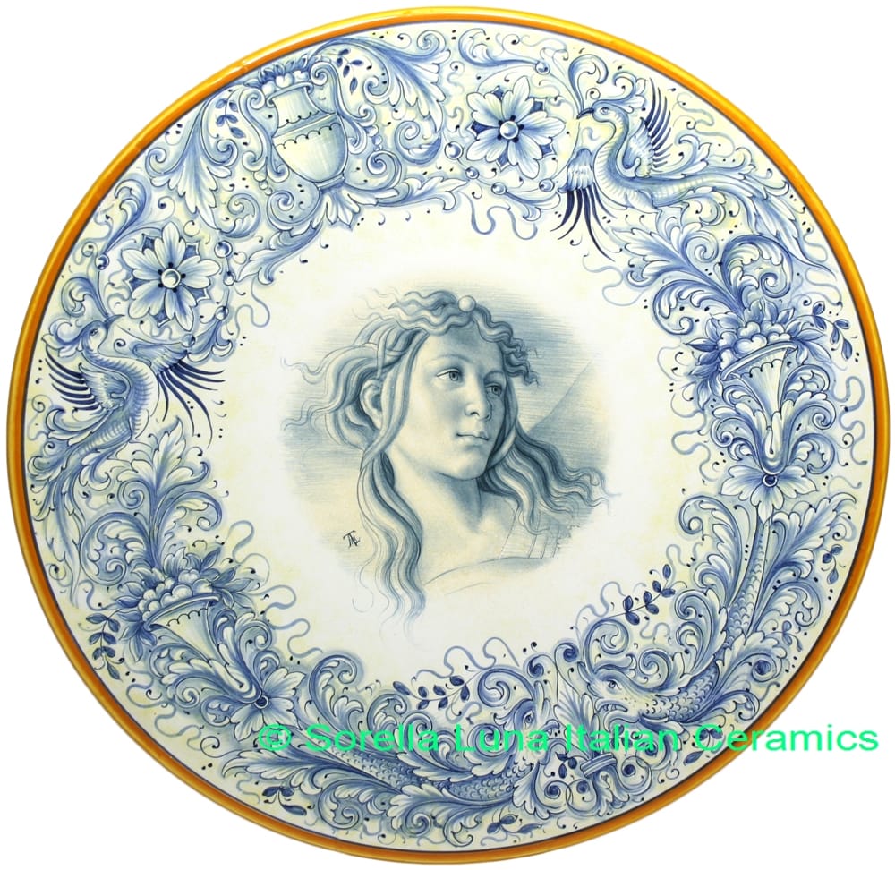 Ceramic Majolica Plate Figure Botticelli Blue 42cm