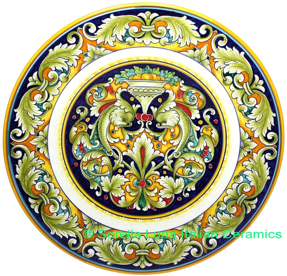 Ceramic Majolica Plate Fish Dolphin Brown Blue 42cm