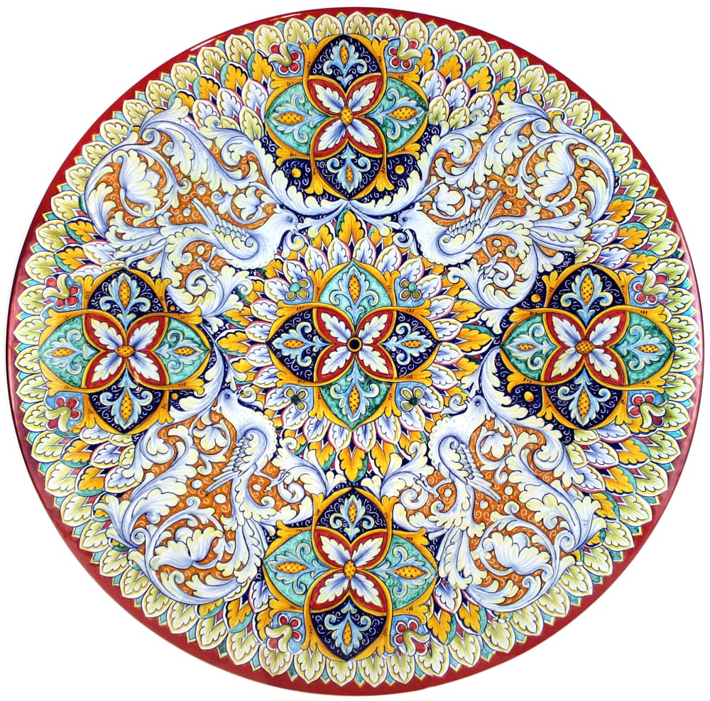Ceramic Majolica Plate G04 Doves Birds Red White 52cm