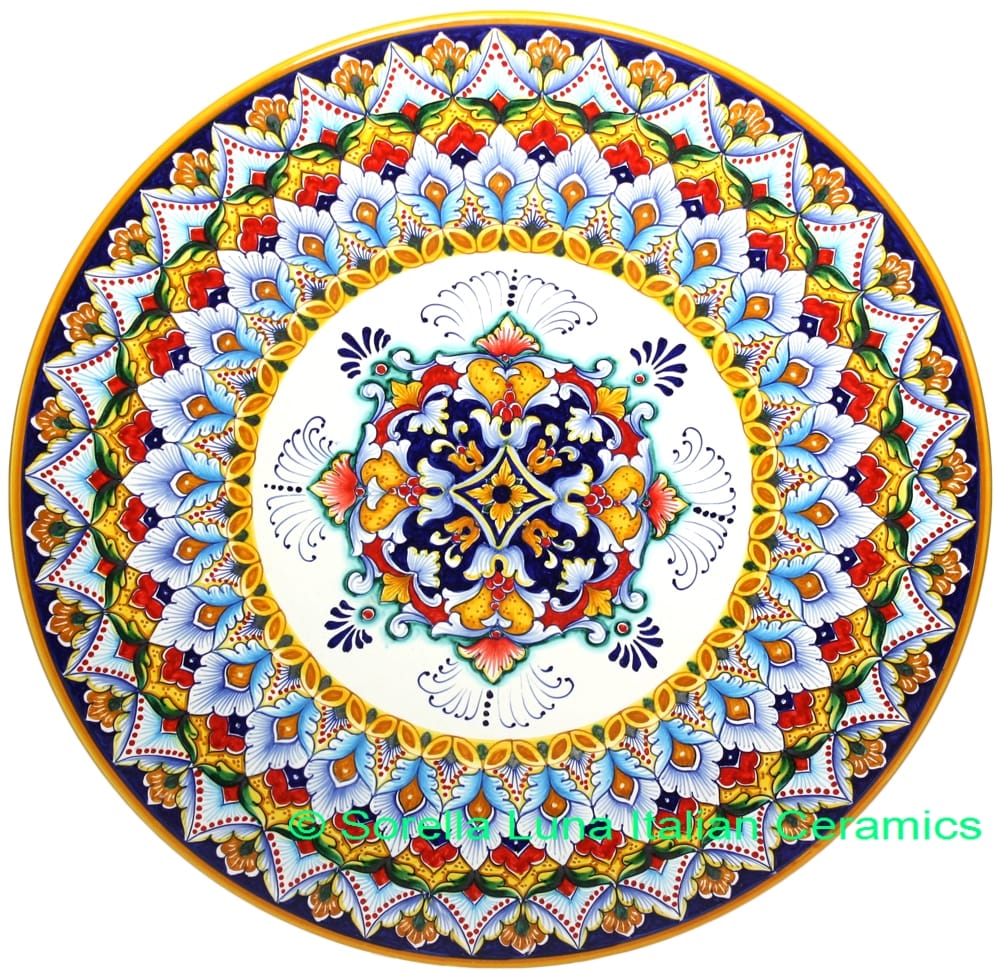 Ceramic Majolica Plate G04 White Blue Orange Red 42cm