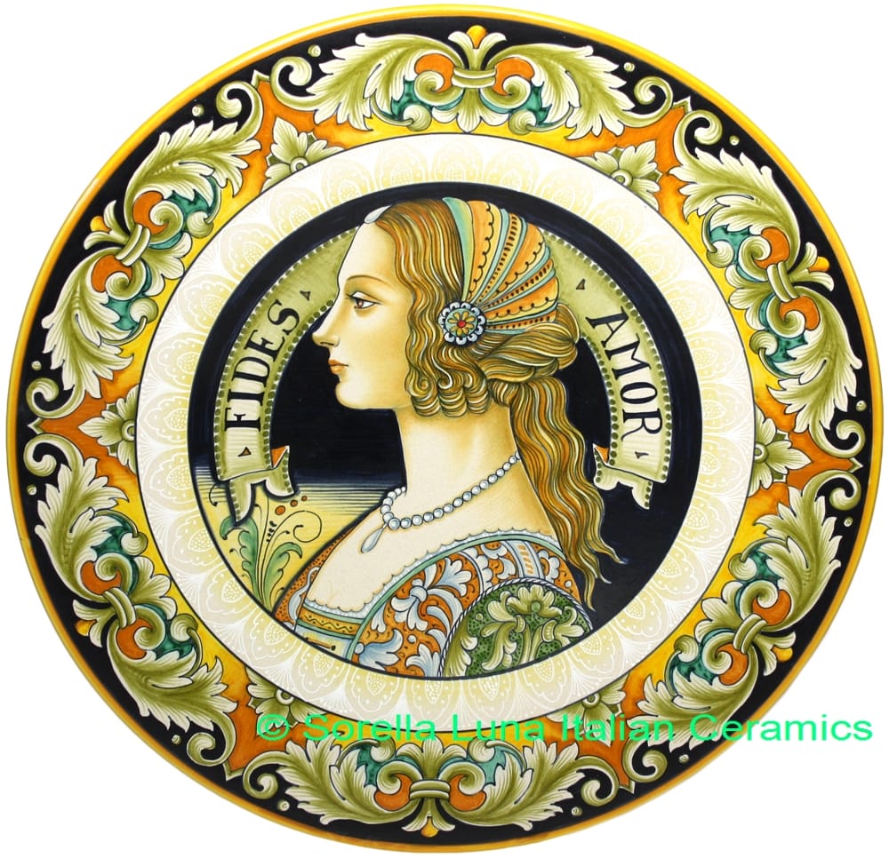 Ceramic Majolica Plate Portrait Female BW GRN FIDES 42cm