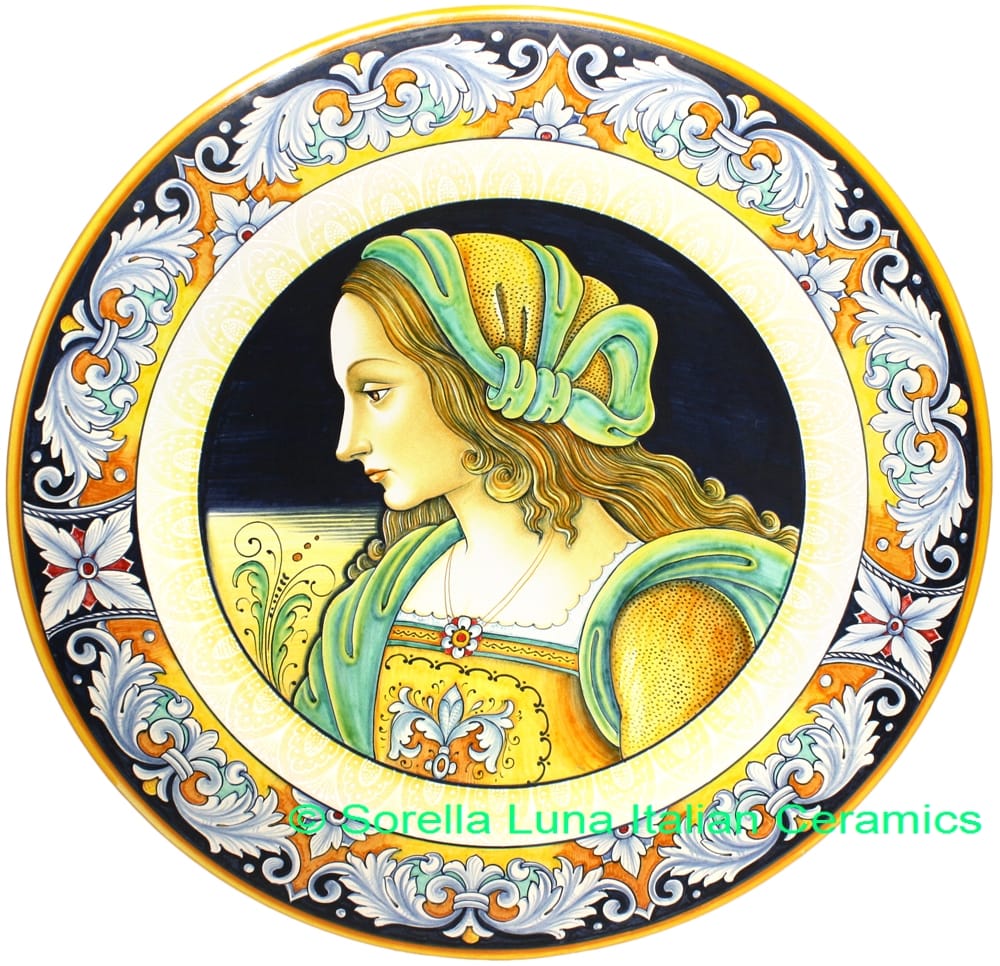 Ceramic Majolica Plate Portrait Female BW GRN FIDES 52cm