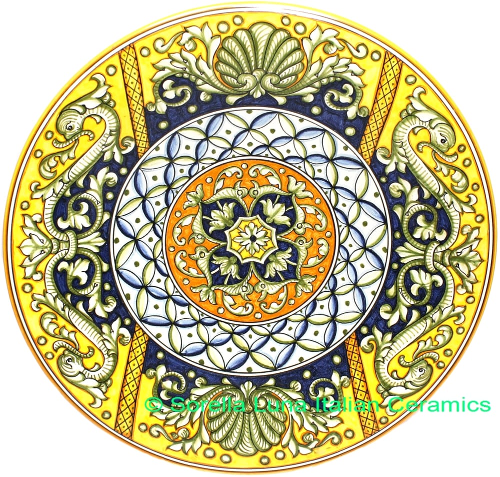 Ceramic Majolica Plate Shells Dragons Yellow Blue 52cm