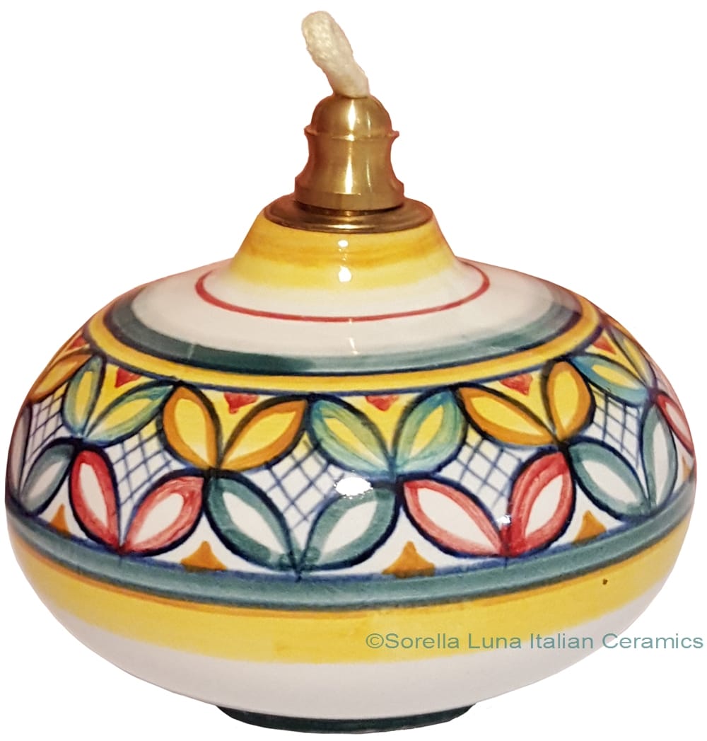 Ceramic Majolica Oil Lamp 1206 11 Red Green Petals