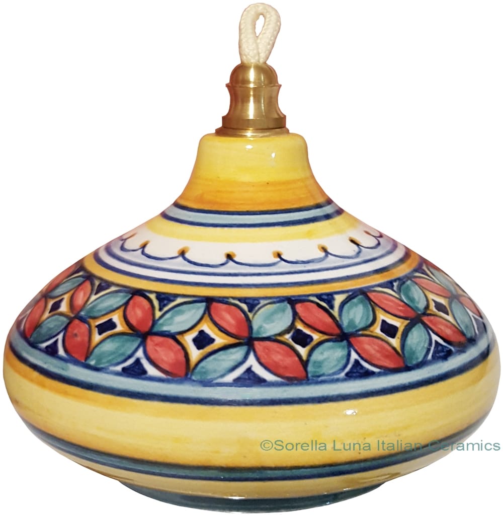 Ceramic Majolica Oil Lamp 1206 3 Red Green Petals