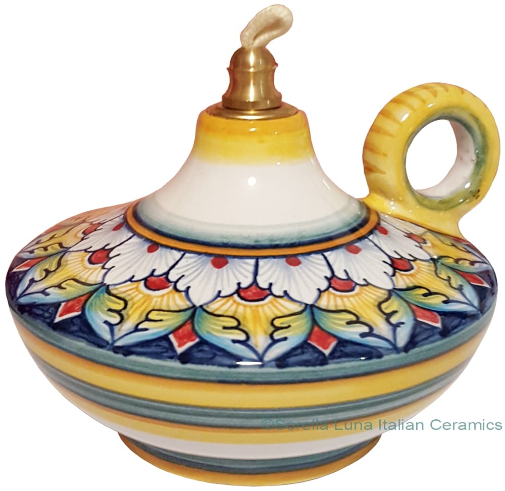 Ceramic Majolica Oil Lamp 1206 10 Handle White Yellow