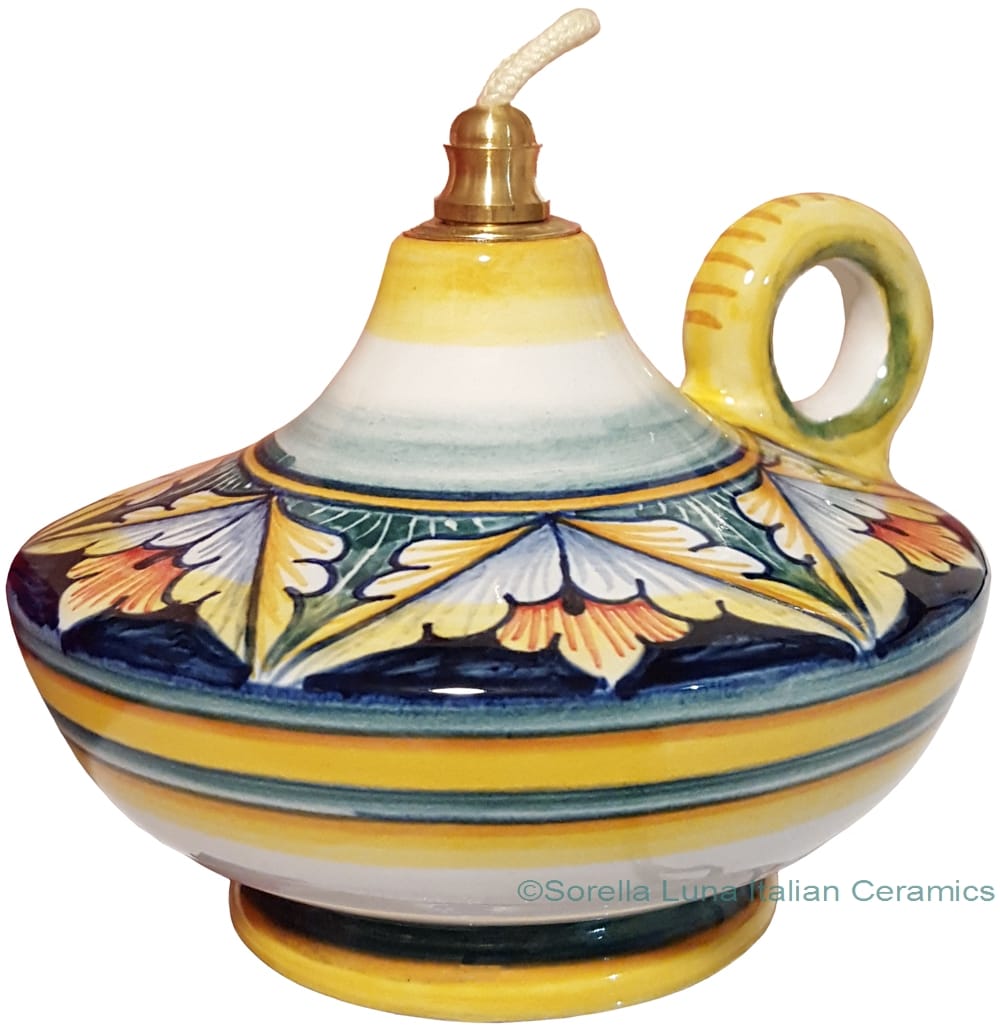Ceramic Majolica Oil Lamp 1206 10 Handle Red Green Blue