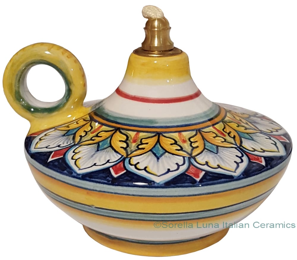 Ceramic Majolica Oil Lamp 1206 10 Handle Yellow White