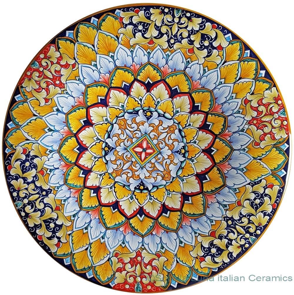 Ceramic Majolica Plate - Flower Orange Light Blue 42cm