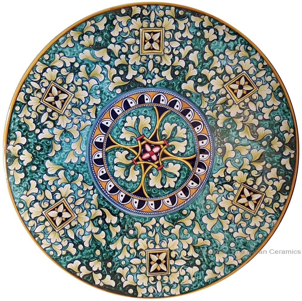 Ceramic Majolica Plate - Green Squares 35cm