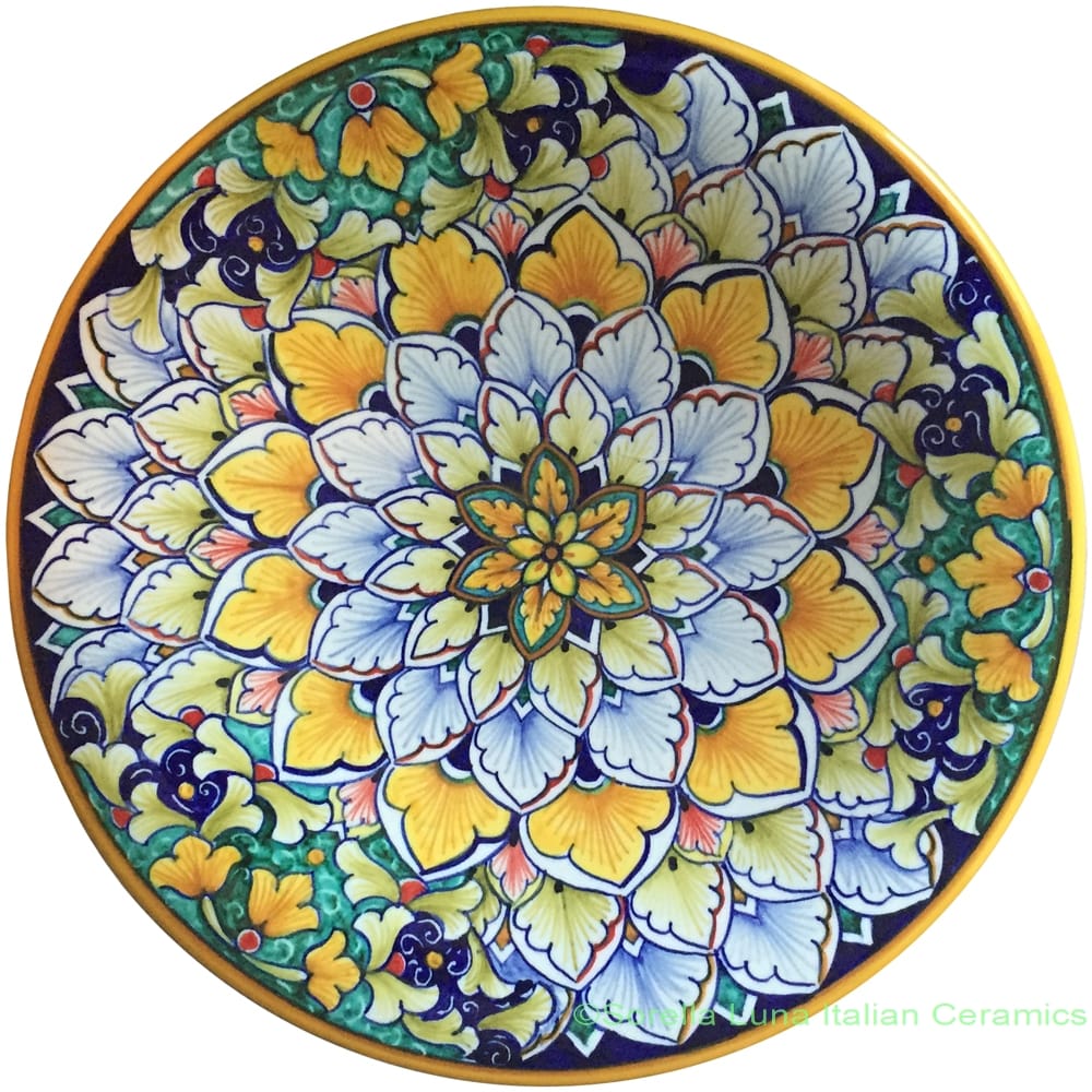 Ceramic Majolica Plate Orange Green Snowflake 25cm