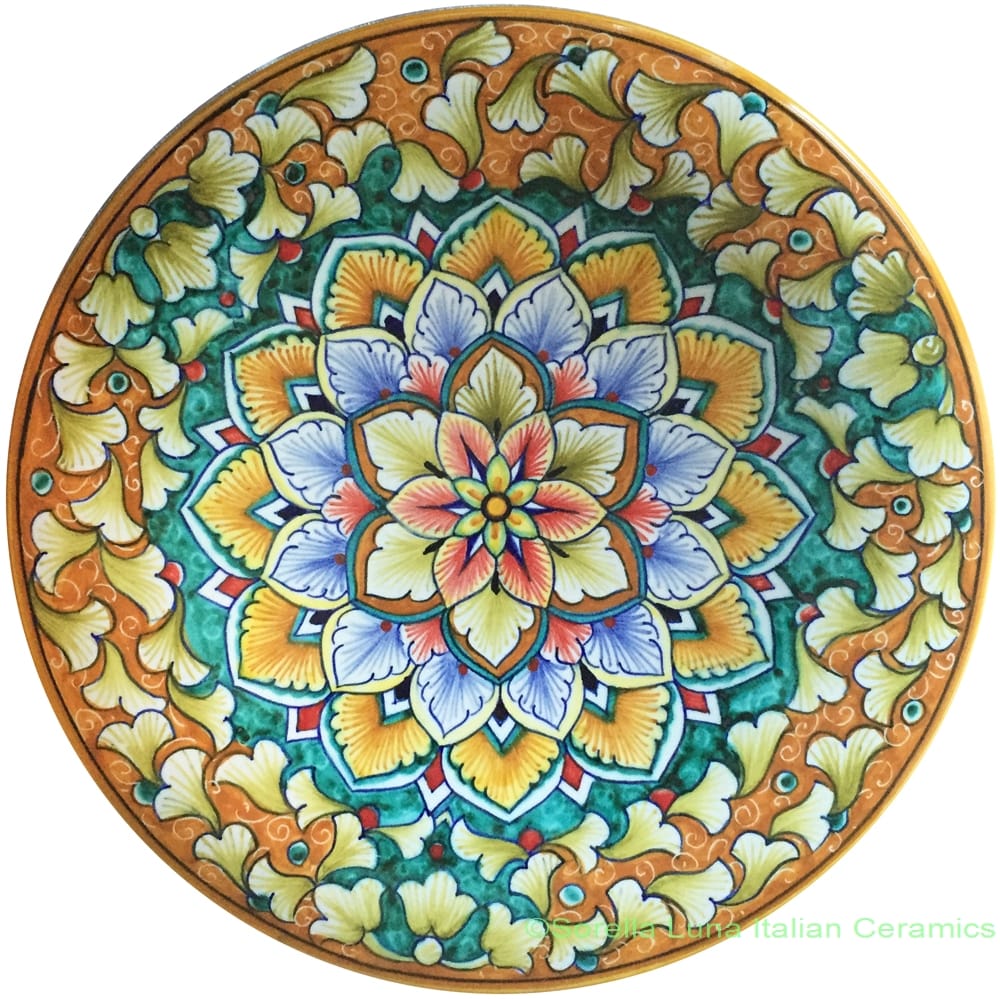 Ceramic Majolica Plate G12 Green Orange Snowflake 25cm