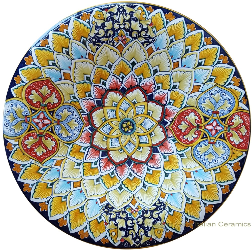 Ceramic Majolica Plate - Light Blue/Red Geometrico 35cm