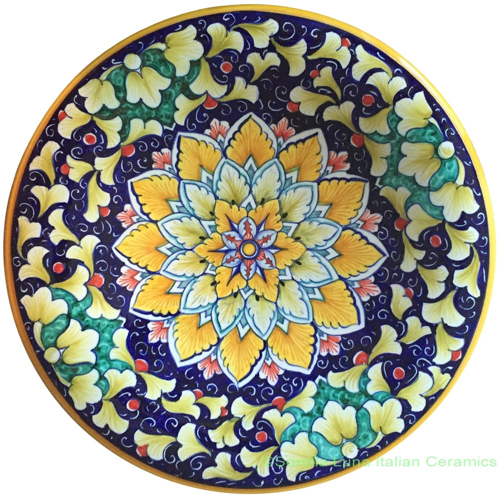 Ceramic Majolica Plate Orange Blue Green Snowflake 25cm