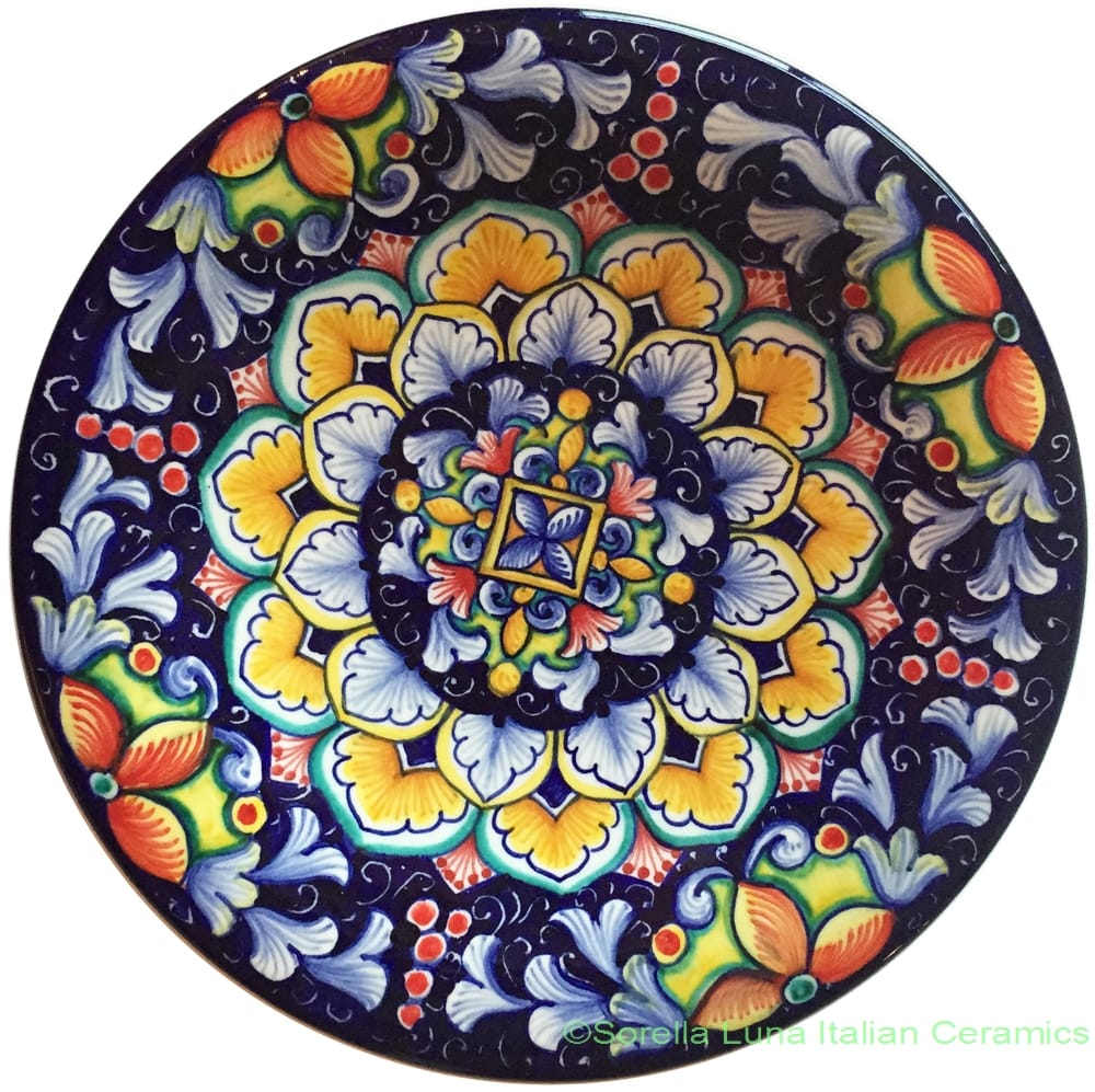 Ceramic Majolica Plate Flower Red Blue 20cm