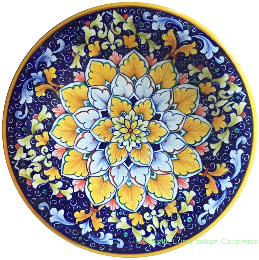Ceramic Majolica Plate Flower Orange Blue