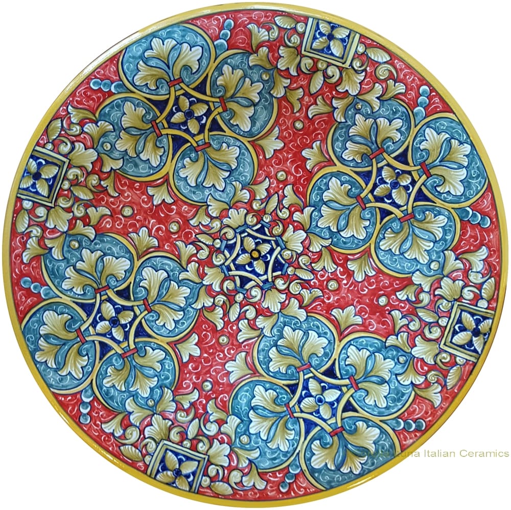 Majolica Plate - Red/Green Fleur De Lis 30cm