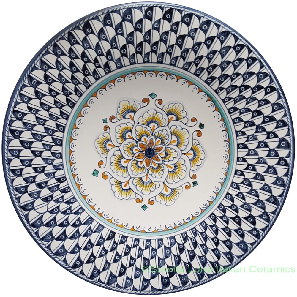 Ceramic Majolica Plate Blue Penne Peacock 25cm