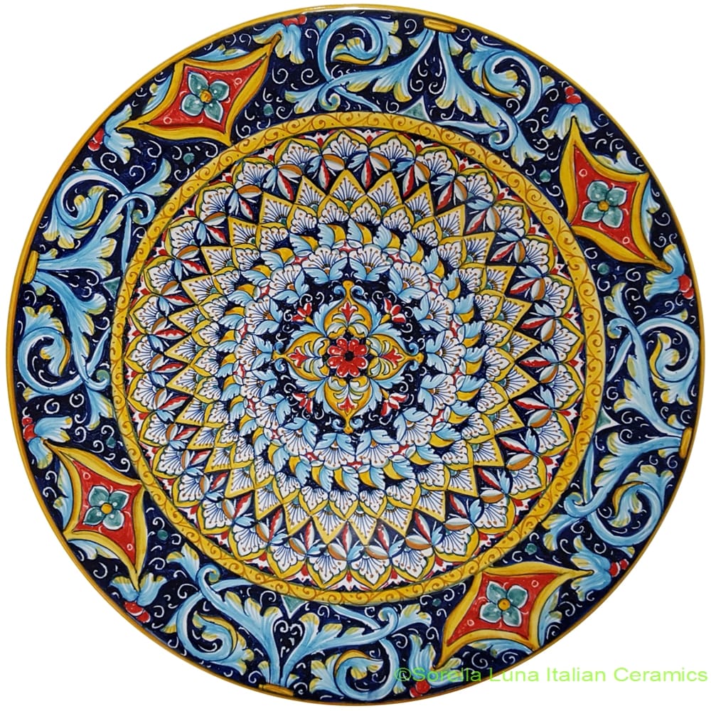 Ceramic Majolica Plate Light Blue Scrolls 35cm