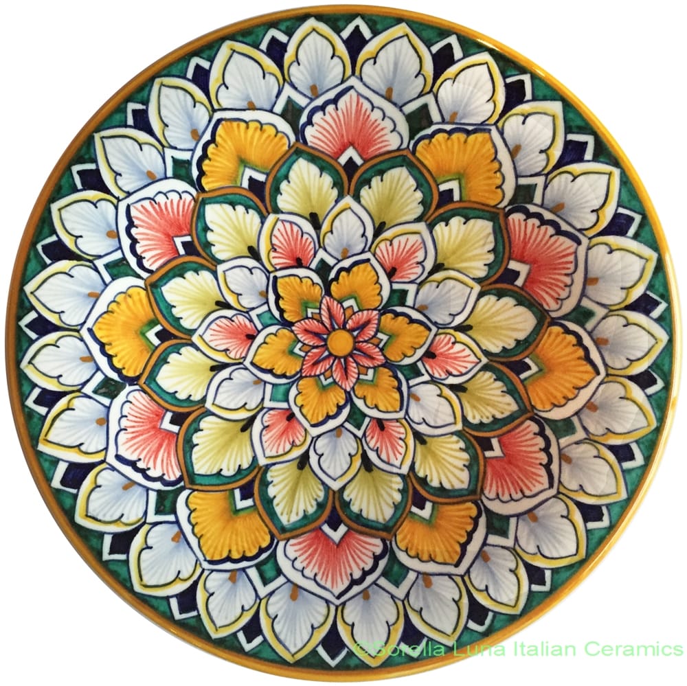Ceramic Majolica Plate Snowflake Orange White Green 20cm