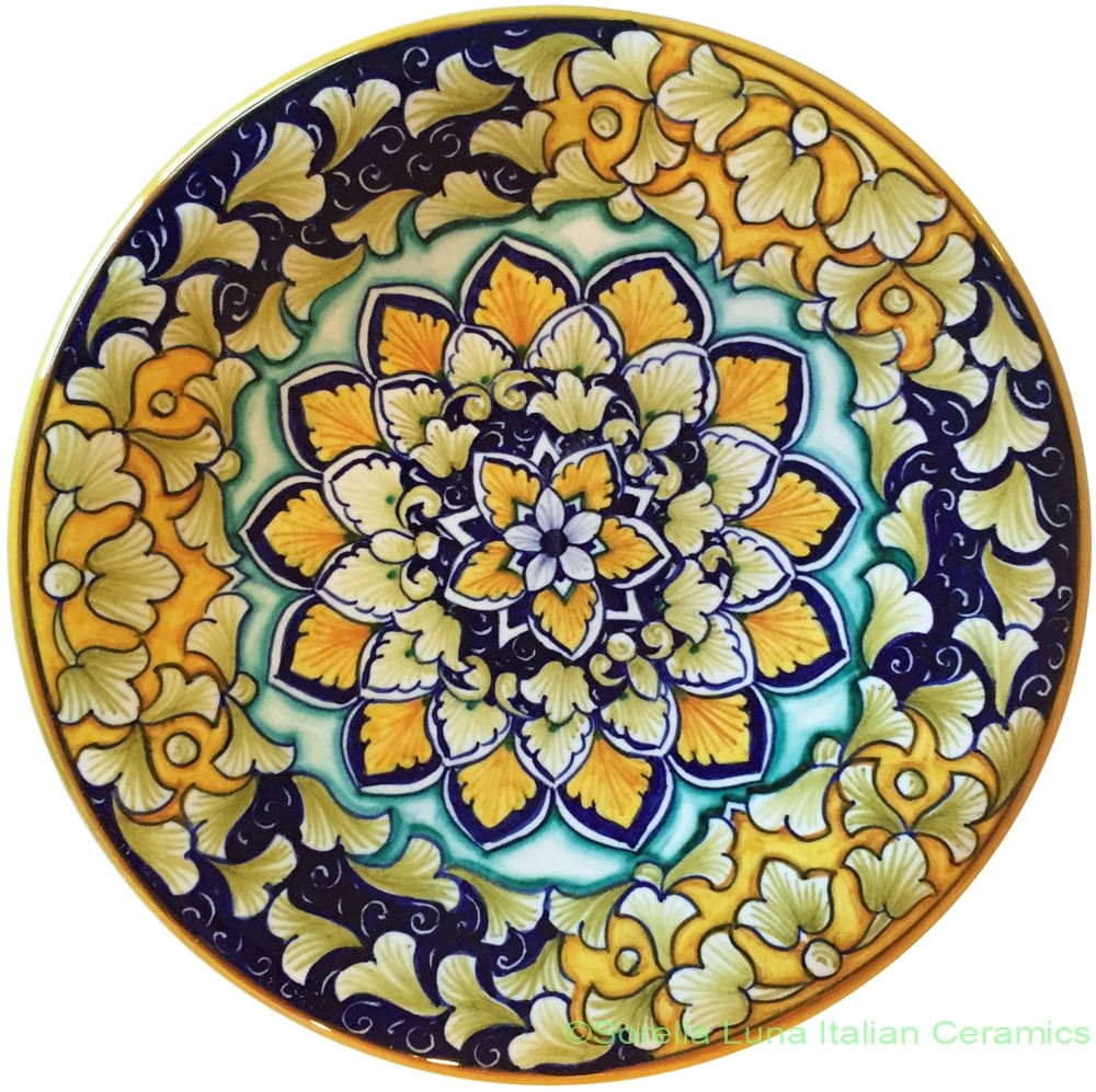 Ceramic Majolica Plate Blue Orange Acanthus