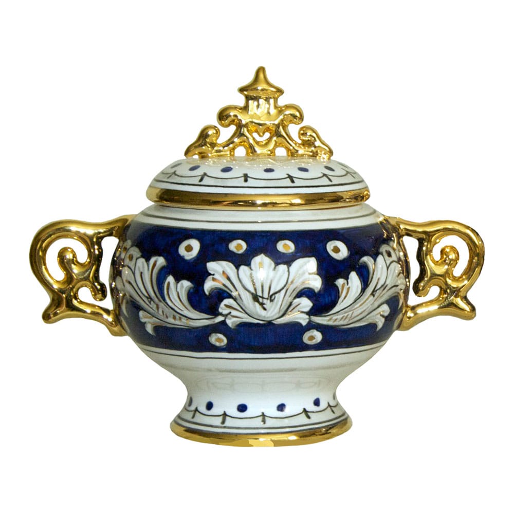 Covered Bowl/Urn - Blue and Gold Handled Petit
