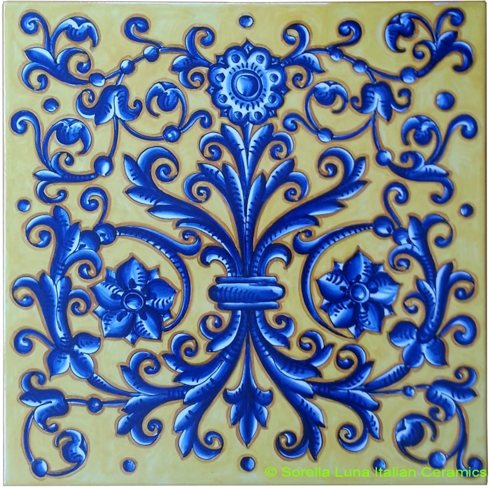 Tile Acanthus Flower Crest Blue Yellow