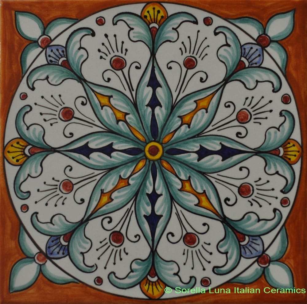 Tile Spear Leaves Orange Light Blue