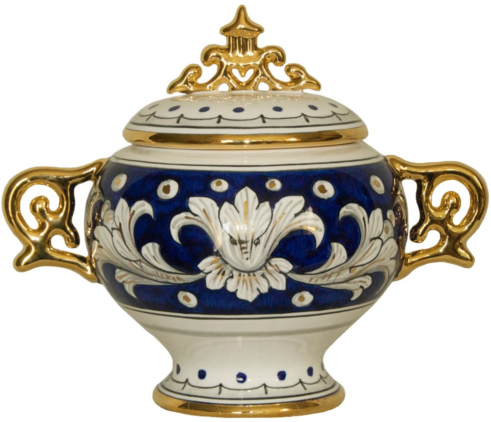Covered Bowl/Urn - Blue and Gold Handled Small