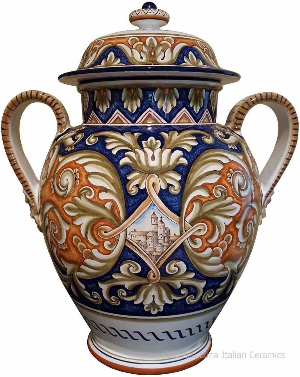 Italian Ceramic Centerpiece Handled Urn - Castle Shield 45cm