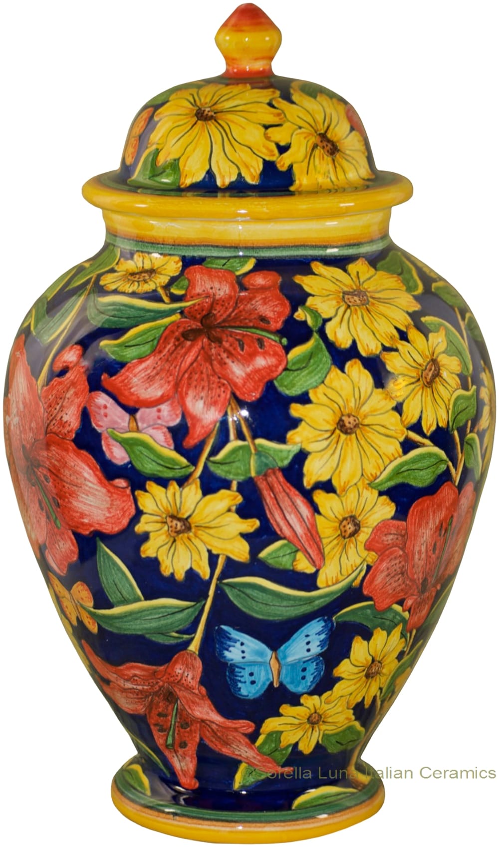 Italian Ceramic Centerpiece Urn - Blue Lillies and Daisies
