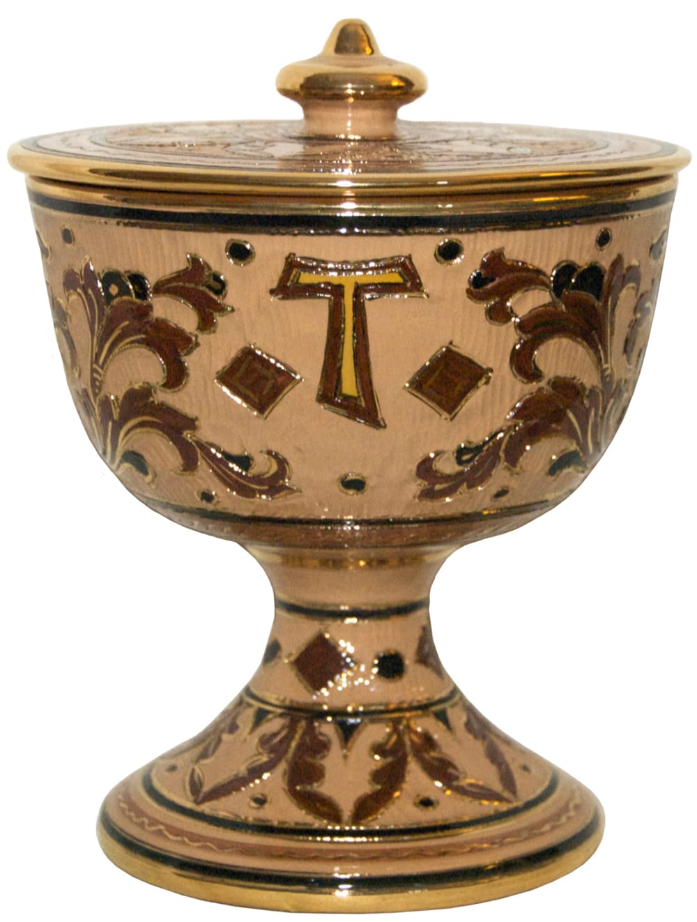 Urn - Pisside Brown and Creme Oro - Gold  with Cross