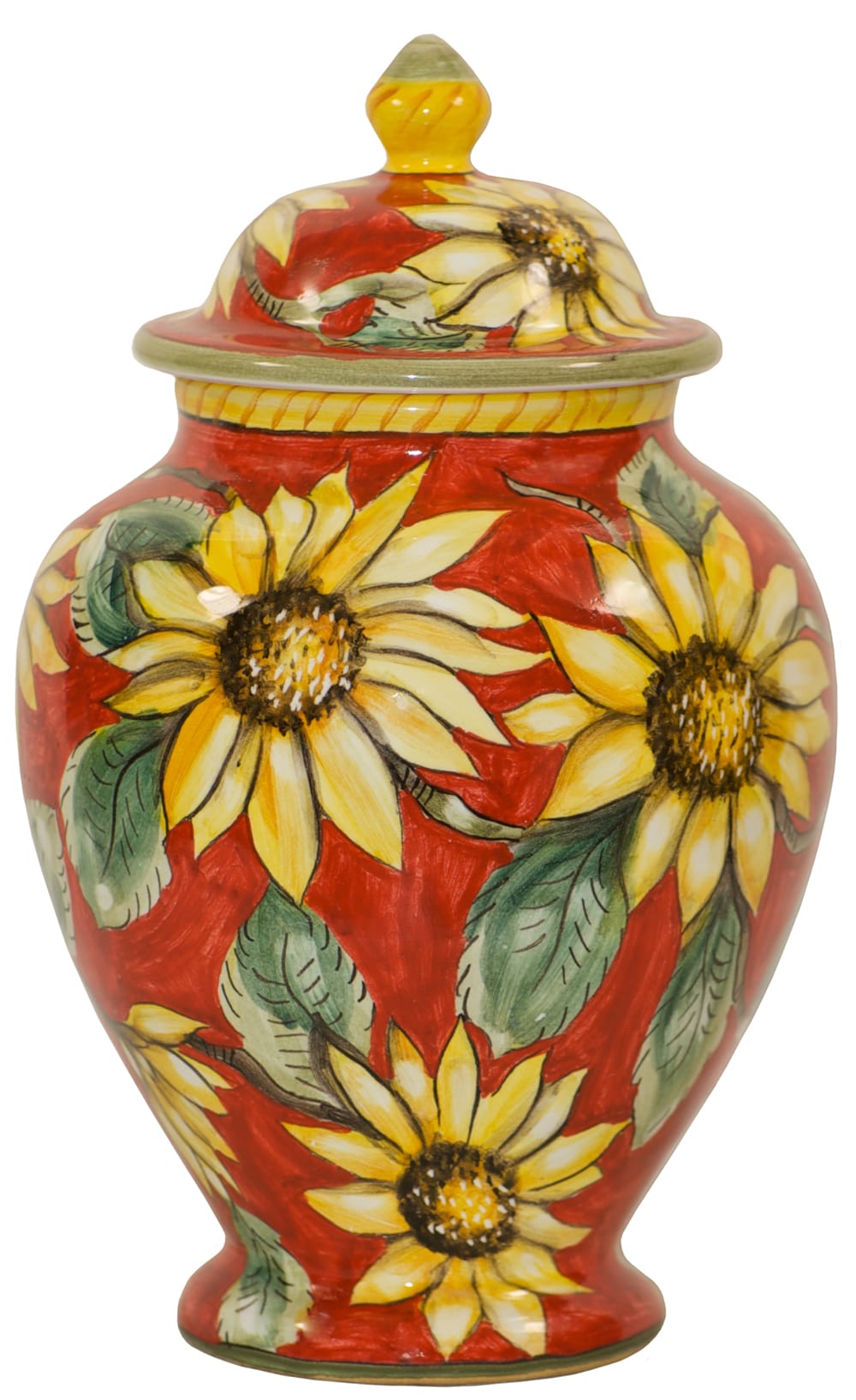 Italian Ceramic Centerpiece Urn - Red Sunflowers
