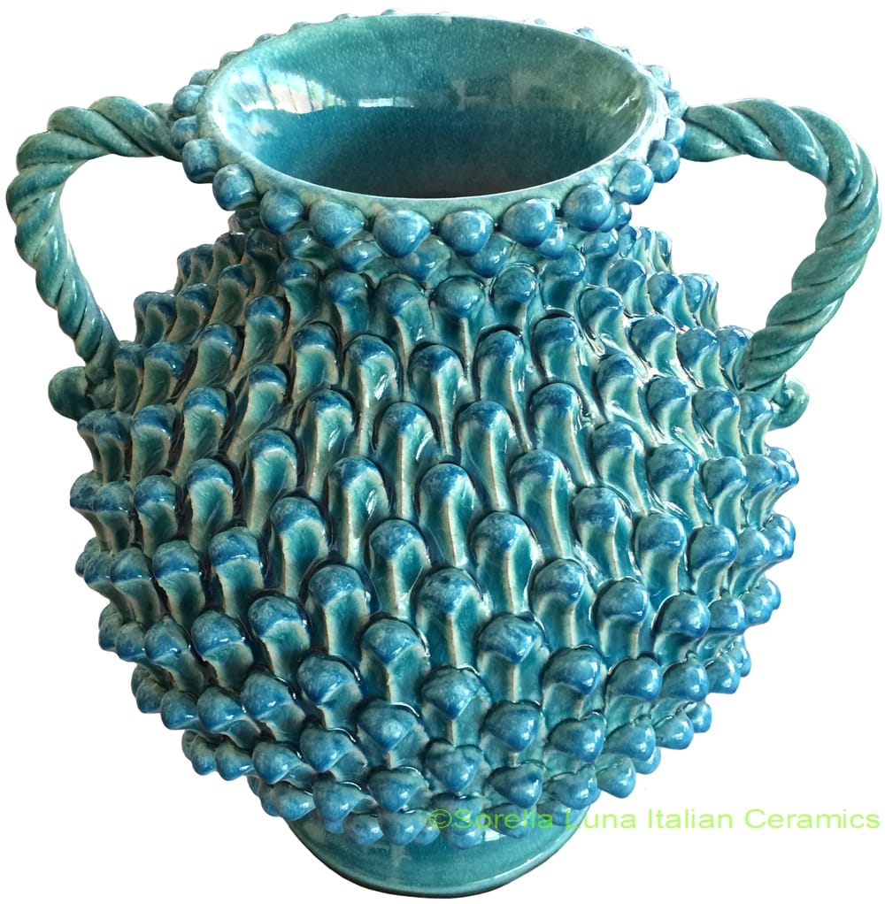 Tuscan Handmade Handled Vase - Blue with Pine