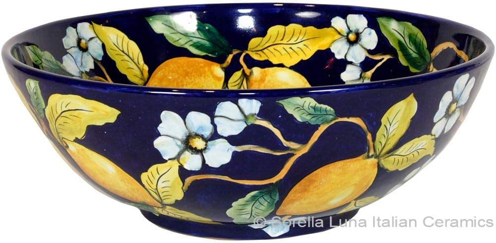 Ceramic Majolica Serving Bowl Blue Lemon
