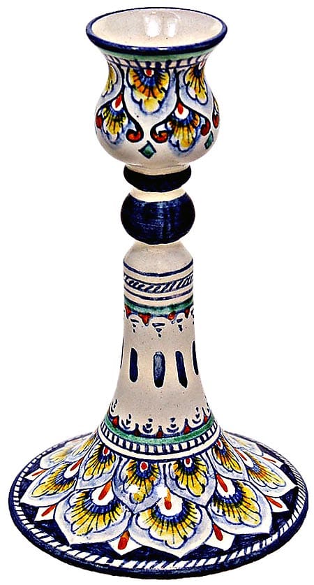 Ceramic Majolica Candelstick Old Pavone Blue 15cm