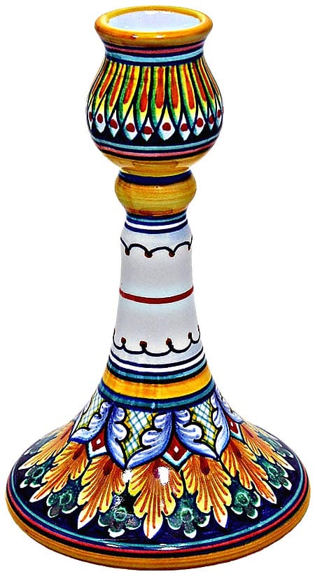 Ceramic Majolica Candlestick Flower Orange Green Red 15