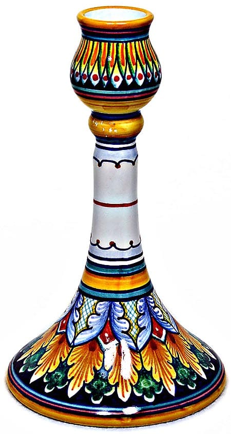 Ceramic Majolica Candlestick Flower Orange Green Red 18