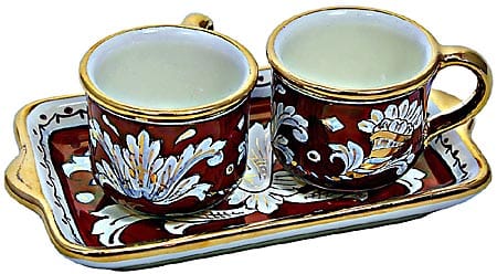 Ceramic Majolica Coffee Cup Service Red Gold Leaf Rect