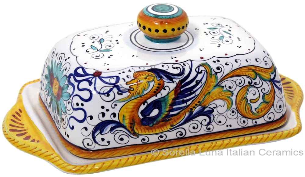Ceramic Maiolica Covered Butter Dish Tray Raffaellesco
