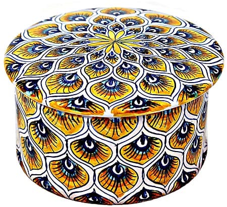 Ceramic Majolica Covered Cylinder Box Yellow Peacock 6