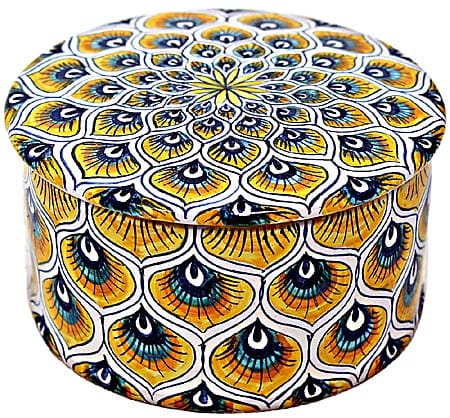 Ceramic Majolica Covered Cylinder Box Yellow Peacock 7