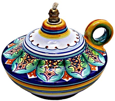 Ceramic Majolica Oil Lamp 1206 10 Handle Green Orange