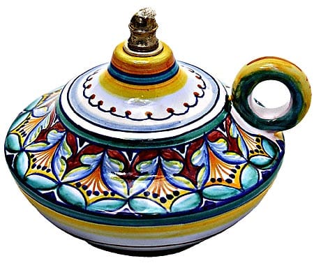Ceramic Majolica Oil Lamp 1206 10 Handle Red Yellow